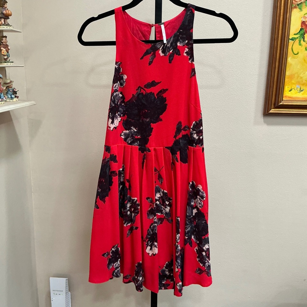Free People Mini Dress Flutterby Sz 2 Red Floral Halter Keyhole Pockets OB420184